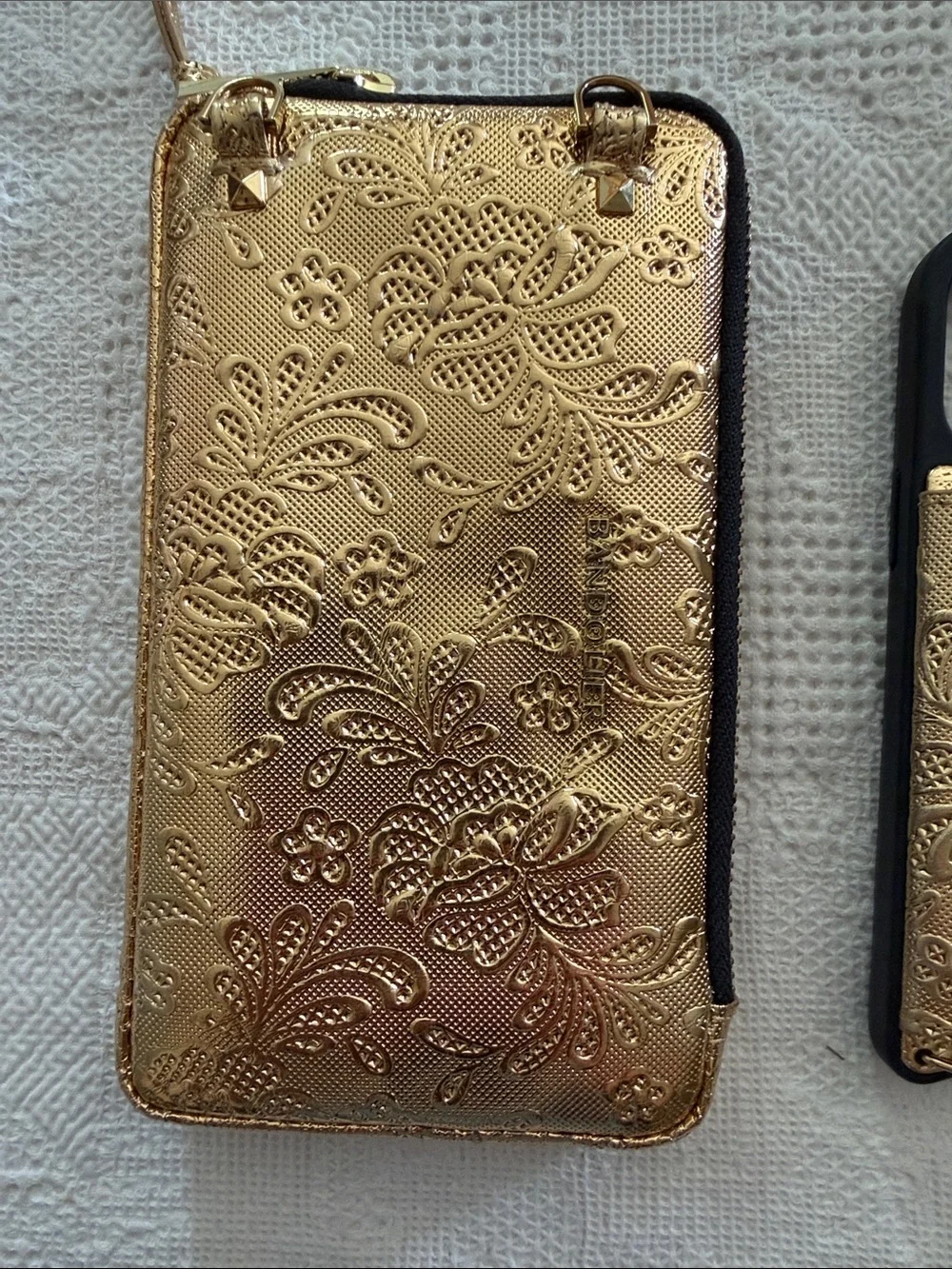 Gold Floral Embossed Phone Wallet Case with Matching Strap